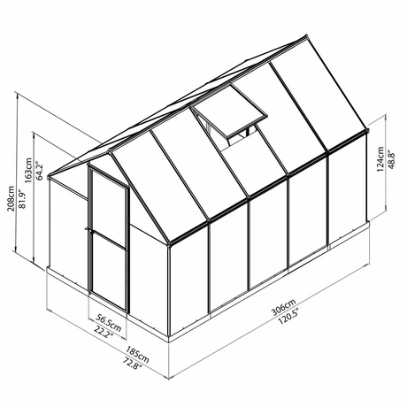 Wymiary produktu Silver Mythos 1,85 x 3,1 m Palram trädgårdsväxthus i polykarbonat - 185x306x208
